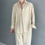 Cotton-Linen Long-Sleeve Shirt Wide-Leg Pant Casual Two-piece Set