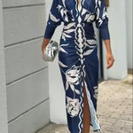 Unique Print Dolman Long Sleeve Ruched Slit Midi Dress
