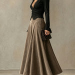 Black lace-trimmed top and faux-suede flared maxi skirt set