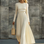 Elegant Casual And Comfortable Long-sleeved Cream Knitted Satin Pleated Hem Maxi Dress