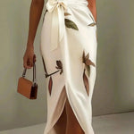 White Leaf Short Sleeve Satin Wrap Sheath Midi Dress