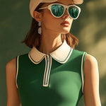 【24-hour shipping out】Casual Fashion Polo Neck White Trim Green Sleeveless Mini Dress