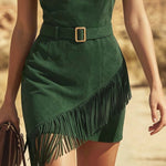 Bohemian Retro One-Shoulder Sleeveless Fringed Faux Suede Mini Dress