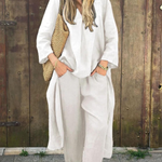 Linen Irregular Loose V-neck Top and High-Waisted Pocket Wide-leg Pants Set