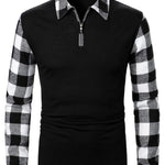 KZZ Men's Patchwork Plaid Print Half Zip Up Polo Shirt