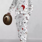 KZZ Two-piece Set Men's Solid Jacquard Drop Shoulder V Neck Top & Drawstring Waist Pants
