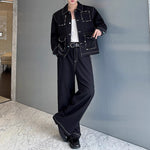 Handmade Gemstone Embellished Lapel Jacket and Wide-Leg Pants Two-Piece Set