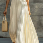 Elegant Casual And Comfortable Cream Knitted Chiffon Pleated Hem Maxi Dress