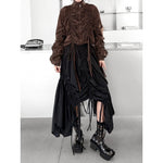 Women's Drawstring Ruched Stand Collar Top Irregular Fringe Skirt Two-piece Set