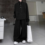 Retro Stand-up Collar Webbing Pullover Sweatshirt Wide-leg Trousers Two-piece Set