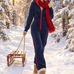 Women's Women's Red And Navy Blue Fleece Hooded Zipper Jumpsuit