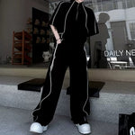 Stand-Collar Short-Sleeve Contrast Piping T-Shirt with & Zip-Front Wide-Leg Trousers Two-Piece Set