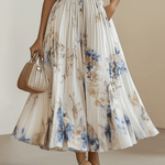 Spring New White Pleated Floral Chiffon V Neck Sleeveless A-Line Midi Dress