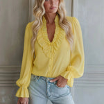 V-neck Chiffon Single-breasted Long-sleeved Shirt