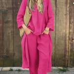 Linen Irregular Loose V-neck Top and High-Waisted Pocket Wide-leg Pants Set