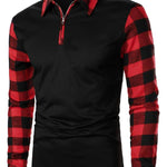 KZZ Men's Patchwork Plaid Print Half Zip Up Polo Shirt