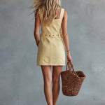 Casual Retro Square Neck Front Zipper Light Yellow Denim Mini Dress