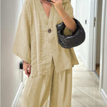 Casual V-Neck Top & Pants Two-Piece Set