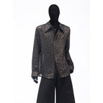 Sheer Gold Foil Leopard Print Shoulder-Pad Shirt