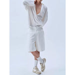 Deep V Neck Oversized Draped Tie Neck Shirt