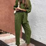 Casual Solid Color V-Neck Shirt & Pants Cotton Linen Two-Piece Set