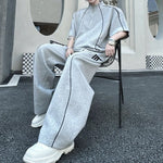 Stand-Collar Short-Sleeve Contrast Piping T-Shirt with & Zip-Front Wide-Leg Trousers Two-Piece Set
