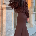 Brown Ruffle Long Sleeve Top & Ribbed Mermaid Maxi Skirt Two-Piece Set