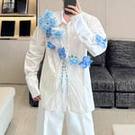 3D Blue Handmade Floral Long-Sleeved Shirt