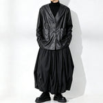 Japanese Loose Pleated V Neck PU Leather Jacket