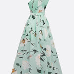Light Green Floral Ruched One Shoulder A-Line Maxi Chiffon Dress
