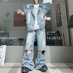 Distressed Collar Loose Denim Vest and Ripped Denim Trousers Suit