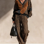 Tiger Print Faux Suede Patch Knit Two Piece Set