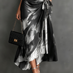 Red Black Abstract Print Wrap Midi Dress Collared V Neck Short Sleeve Tie Waist Ruffled High‑Low Hem Dress