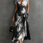 Red Black Abstract Print Wrap Midi Dress Collared V Neck Short Sleeve Tie Waist Ruffled High‑Low Hem Dress