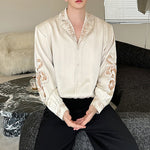 Satin Silky Embroidered Drape Long Sleeve Shirt