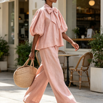 Blush Pink Linen-Blend Bow Tie Puff Sleeve Top & Wide-Leg Pants Set