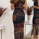 Vintage Brown Floral Mesh Midi Bodycon Dress
