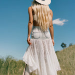 【24-hour shipping out】Romantic And Fashionable Short Front And Long Back Lace Patchwork Denim Skirt
