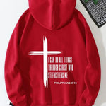 KZZ Men's Cross & Letter Print Drop Shoulder Hoodie,  Casual Regular Fit Hooded Sweatshirt