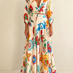 Vacation Tropical Floral Print Waist Tie Shirt & Maxi Skirt Boho Two Piece Set