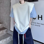 Faux Two-Piece Spliced Beaded Shoulder-Pad Short-Sleeve T-Shirt