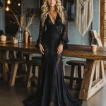 Gothic Black Lace Fitted V-Neck Flared Sleeve Maxi Dress