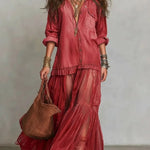 Blue Faux Denim Shirt Collar With Sheer Pockets Maxi Dress