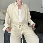 Cotton-Linen Long-Sleeve Shirt Wide-Leg Pant Casual Two-piece Set