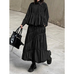 Women's Japanese Deconstructed Ruched Zip Up Top Tiered Maxi Skirt Two-piece Set