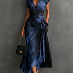 Blue Black Abstract Print Wrap Midi Dress Collared V Neck Short Sleeve Tie Waist Ruffled High‑Low Hem Dress