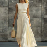 Elegant Casual And Comfortable Cream Knitted Chiffon Pleated Hem Maxi Dress