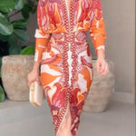 Unique Print Dolman Long Sleeve Ruched Slit Midi Dress