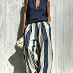 Navy Casual sleeveless top and loose striped trousers set