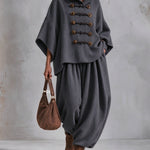 Oversized layered-collar toggle-fastening top and wide-leg trousers set